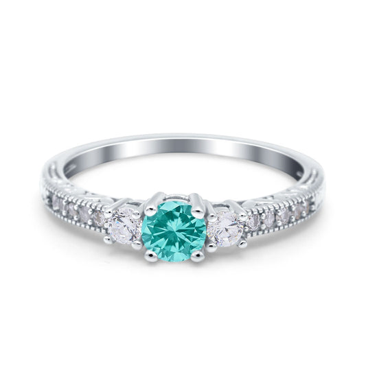 Three Stone Engagement Ring Round Simulated Paraiba Tourmaline CZ