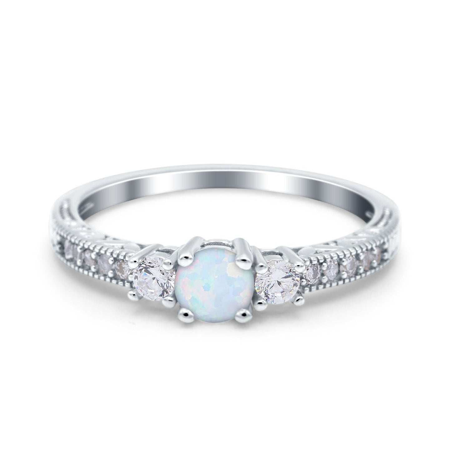 Three Stone Engagement Ring Round Lab Created White Opal