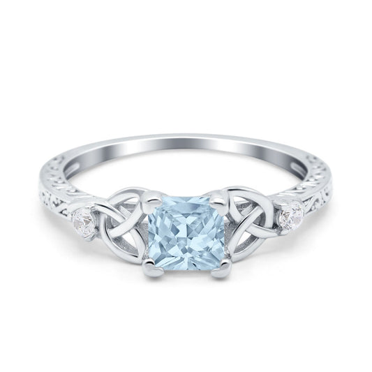 Cushion Celtic Art Deco Engagement Ring Simulated Aquamarine CZ