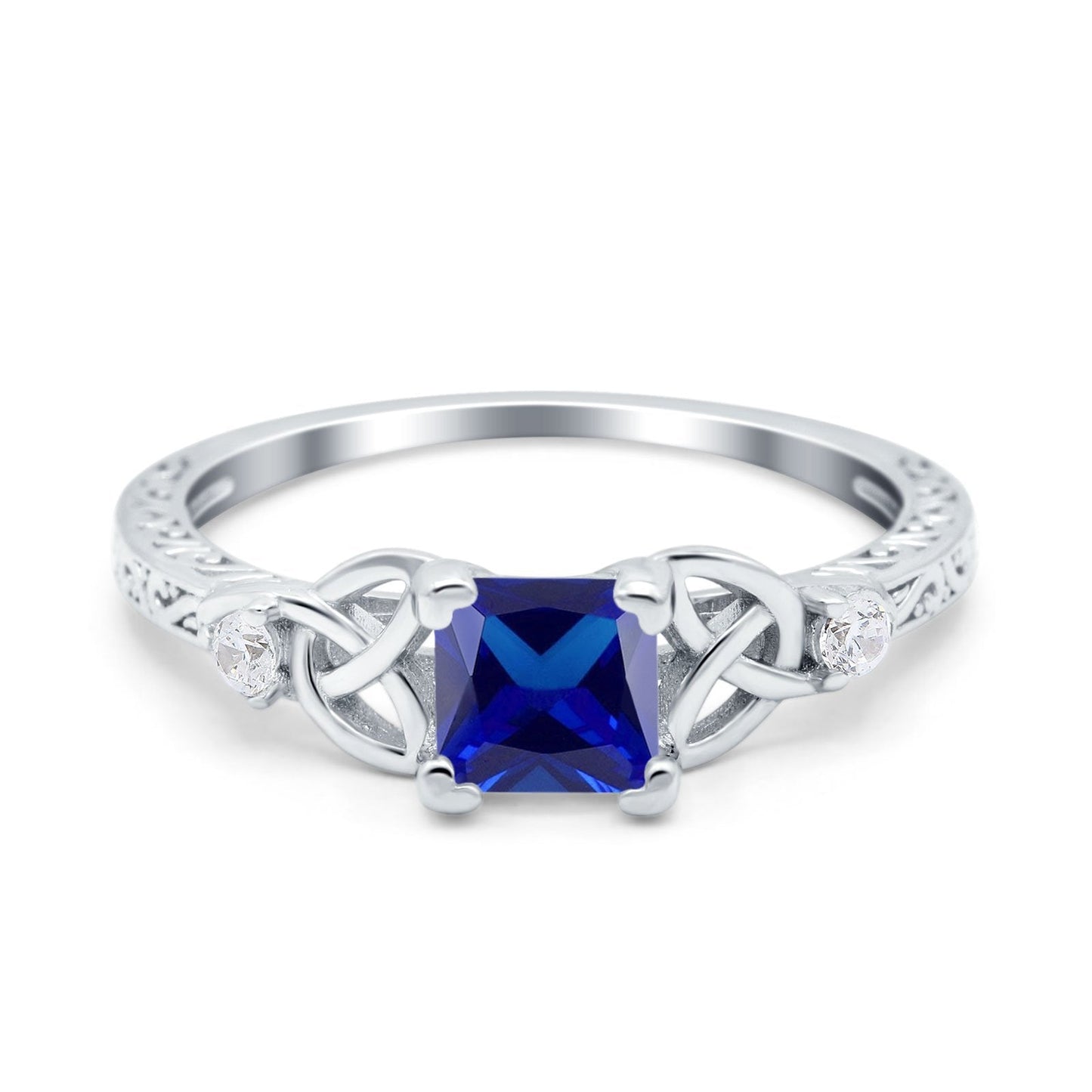 Cushion Celtic Art Deco Engagement Ring Simulated Blue Sapphire CZ