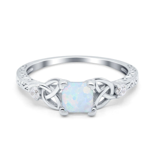 Cushion Celtic Art Deco Engagement Ring Lab Created White Opal