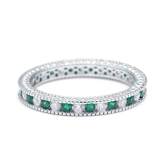 Art Deco Full Eternity Stackable Wedding Ring Simulated Green Emerald CZ