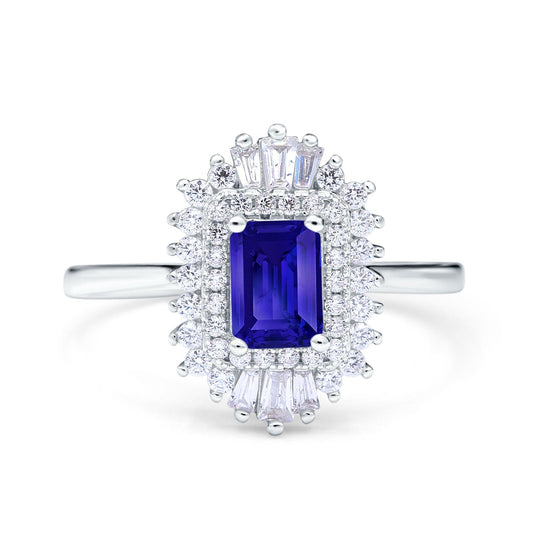 Emerald Cut Vintage Wedding Ring Simulated Blue Sapphire CZ