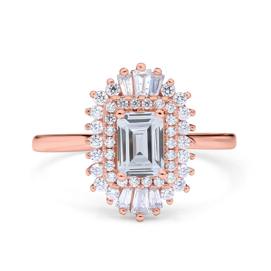 Emerald Cut Vintage Rose Tone, Simulated Cubic Zirconia Wedding Ring