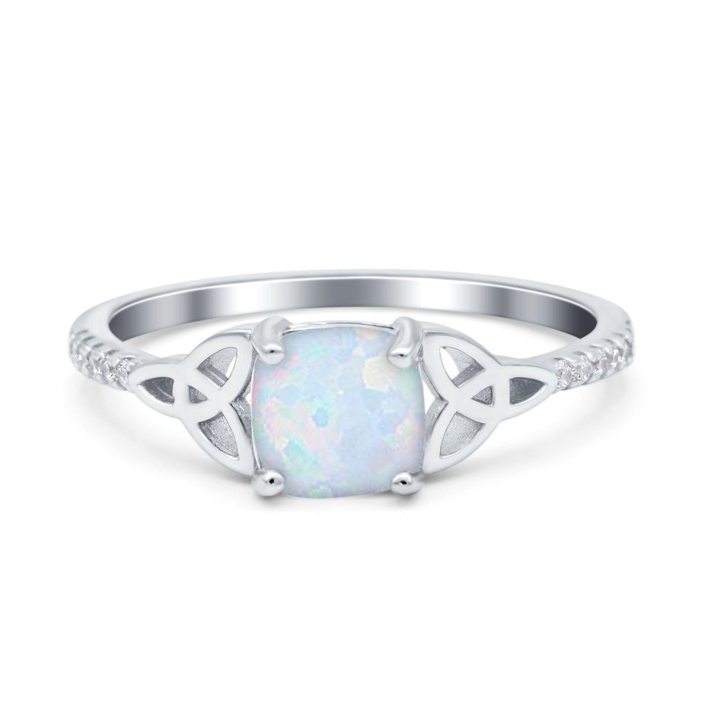 Cushion Cut Celtic Art Deco Wedding Engagement Bridal Ring Round Lab Created White Opal