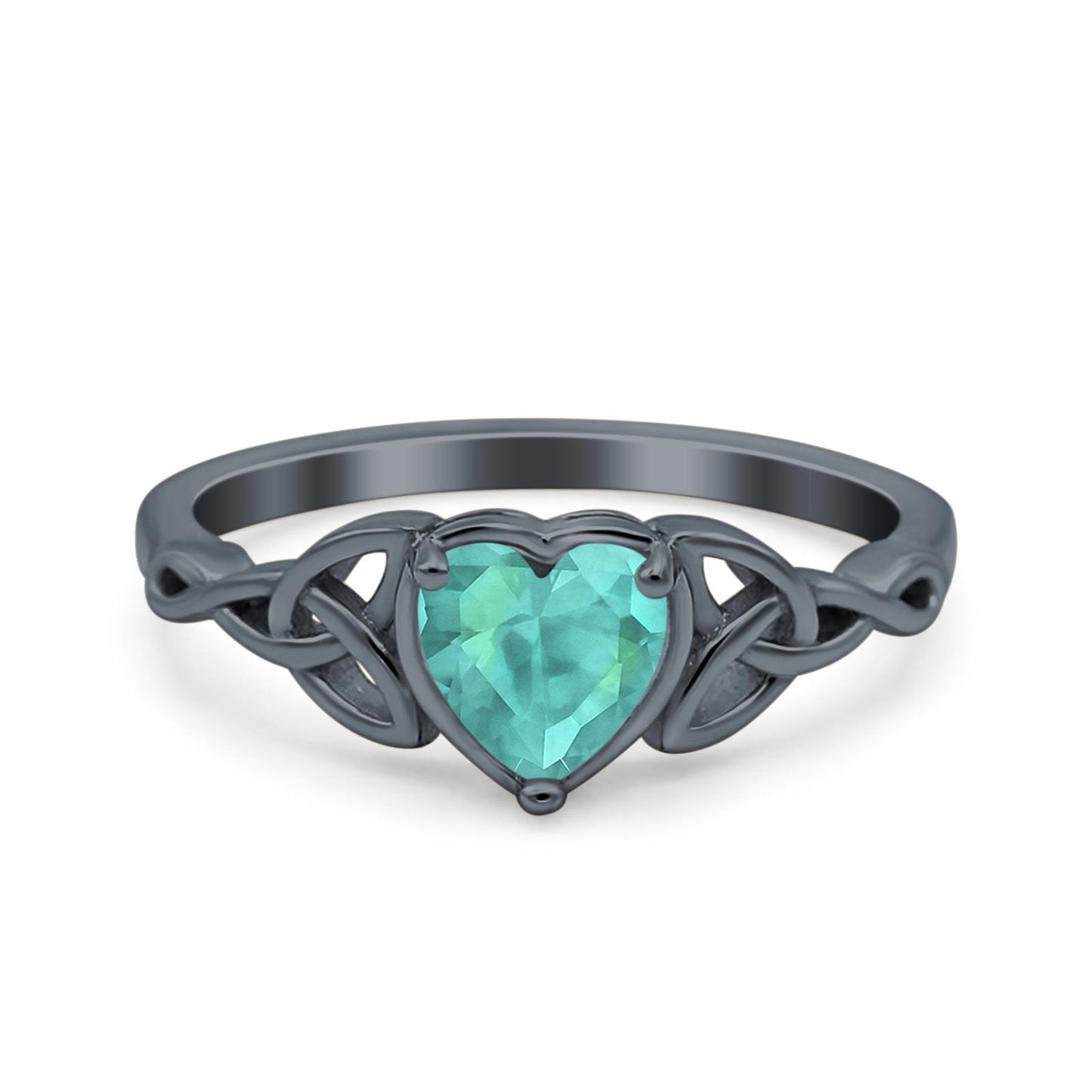 Heart Celtic Wedding Promise Ring Black Tone, Simulated Paraiba Tourmaline CZ