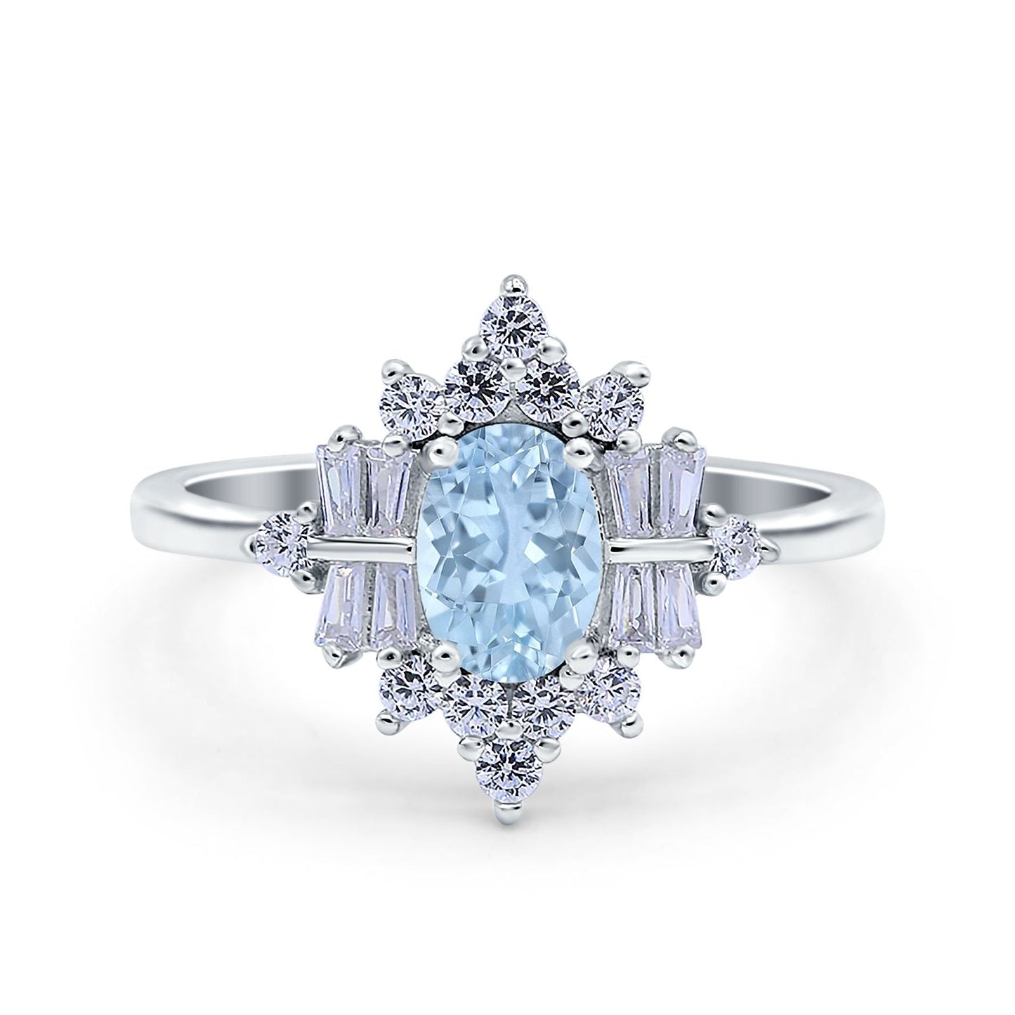 Oval Cut Halo Vintage Wedding Ring Simulated Aquamarine CZ