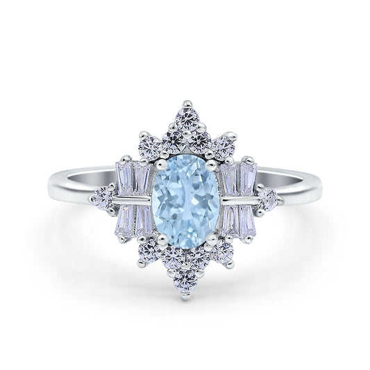 Oval Cut Halo Vintage Wedding Ring Simulated Aquamarine CZ