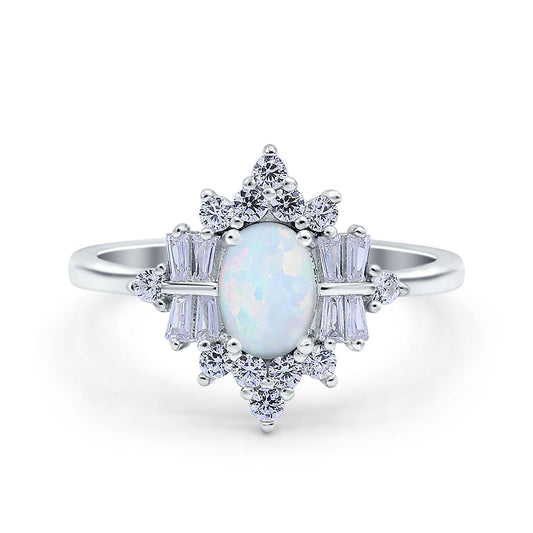 Oval Cut Halo Vintage Wedding Ring Lab Created White Opal