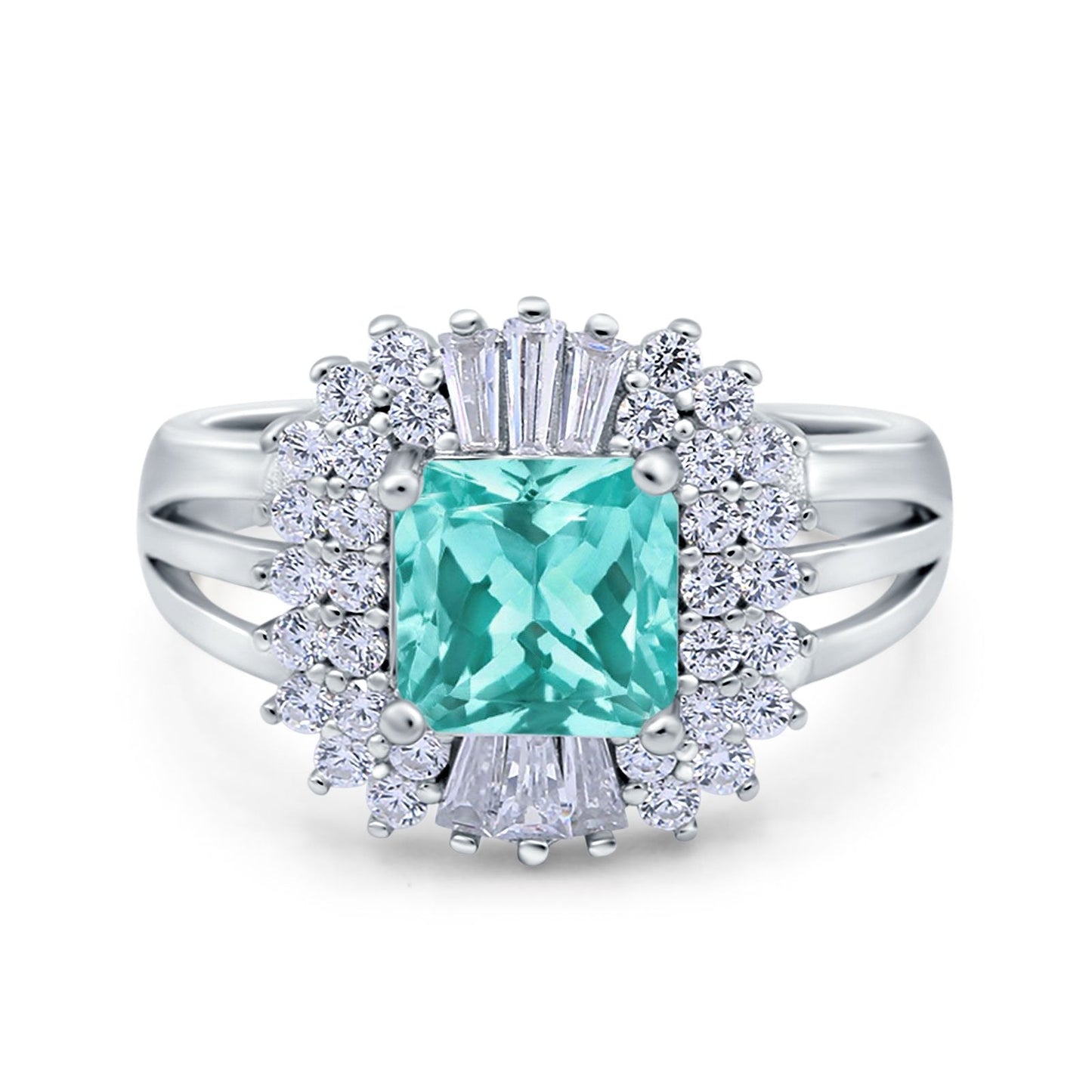 Cushion Cut Art Deco Wedding Ring Simulated Paraiba Tourmaline CZ