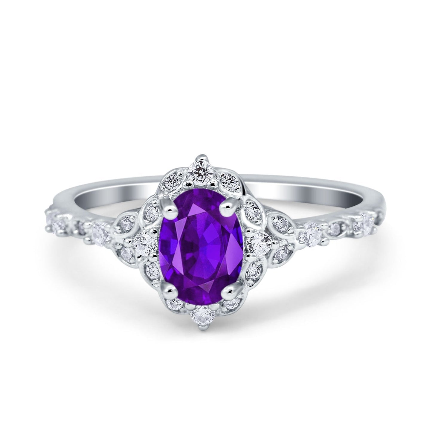 Oval Accent Vintage Simulated Amethyst CZ Engagement Ring