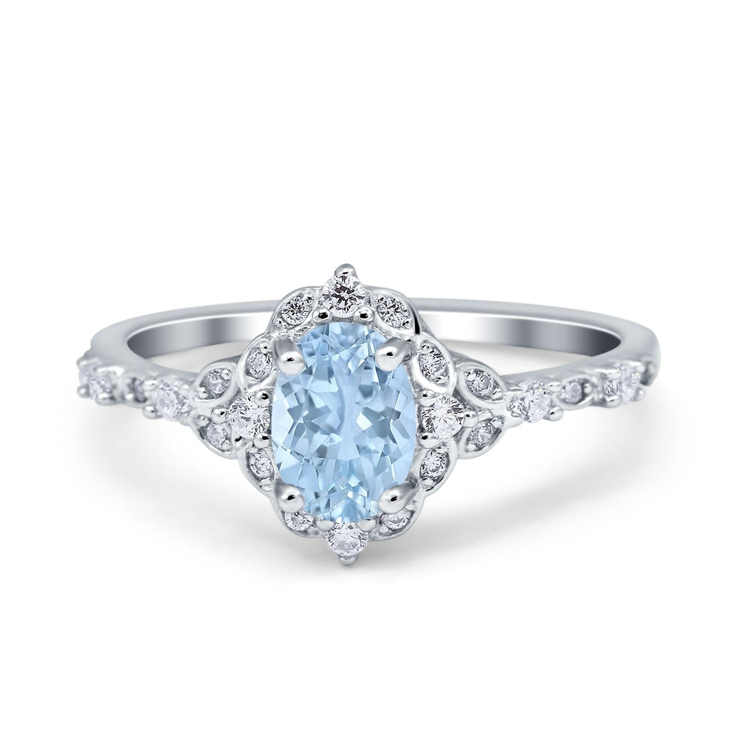 Oval Engagement Ring Accent Vintage Simulated Aquamarine CZ