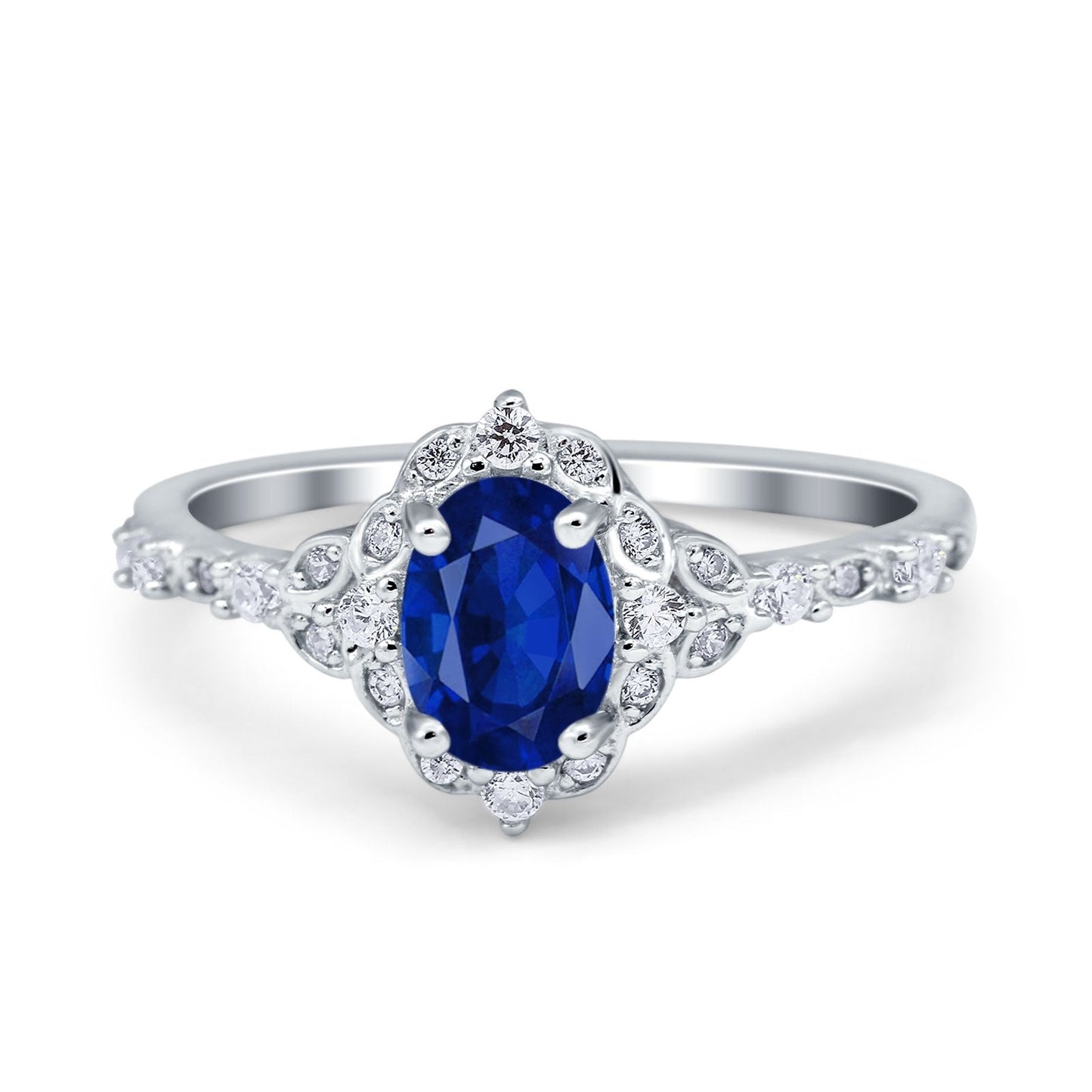 Oval Accent Vintage Simulated Blue Sapphire CZ Engagement Ring