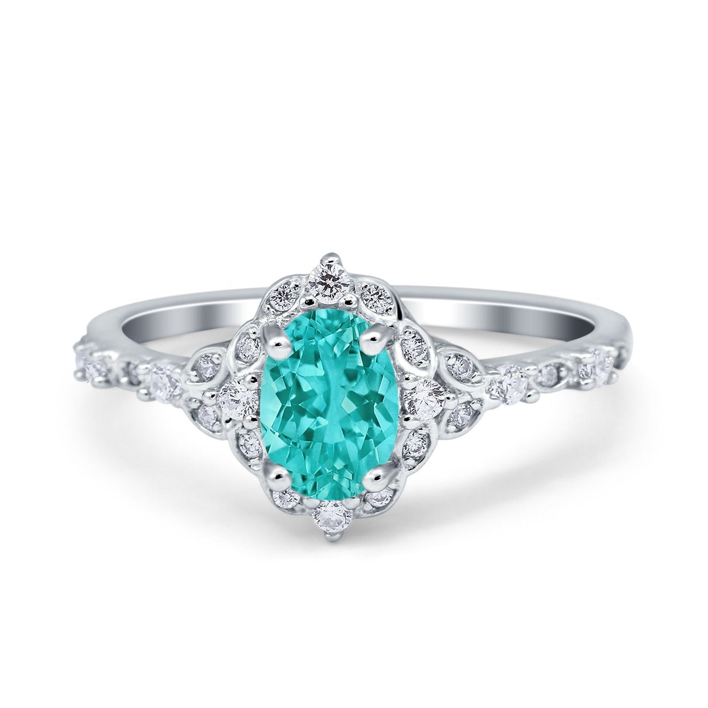 Oval Accent Vintage Simulated Paraiba Tourmaline CZ Engagement Ring