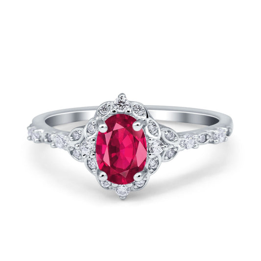 Oval Engagement Ring Accent Vintage Simulated Ruby CZ