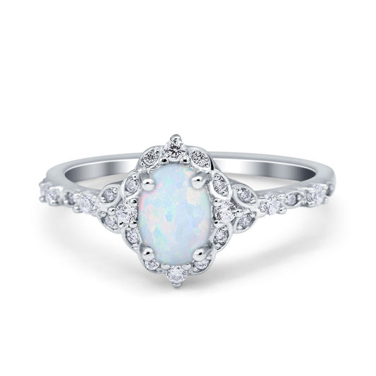 Oval Accent Vintage Lab Created White Opal Engagement Ring