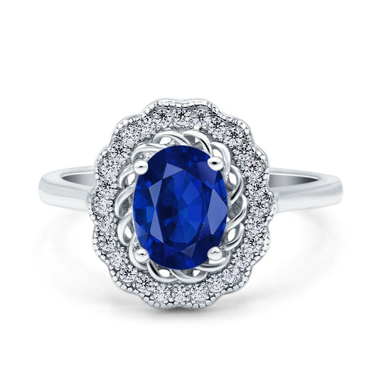 Art Deco Wedding Ring Oval Cut Solid Simulated Blue Sapphire CZ