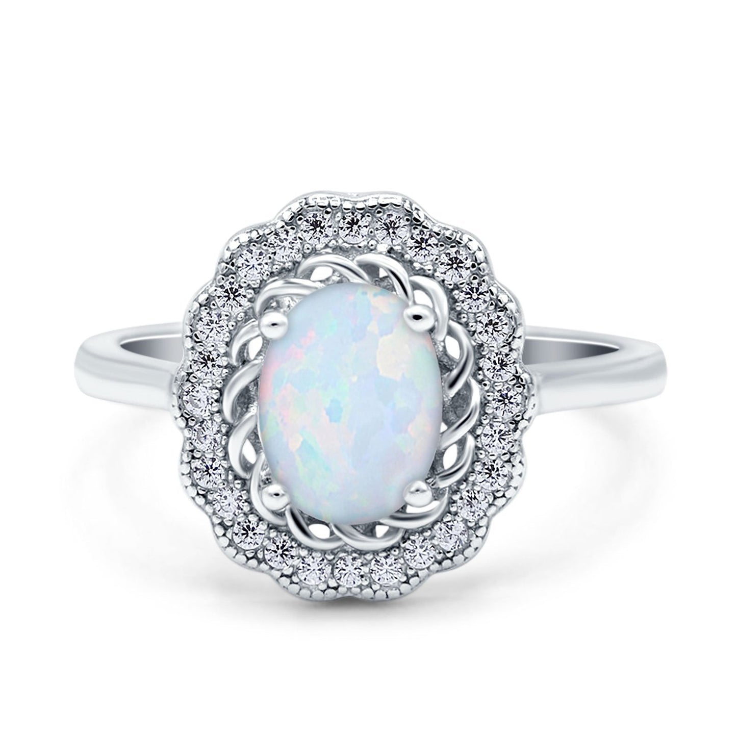 Art Deco Wedding Ring Oval Cut Solid Lab Created White Opal