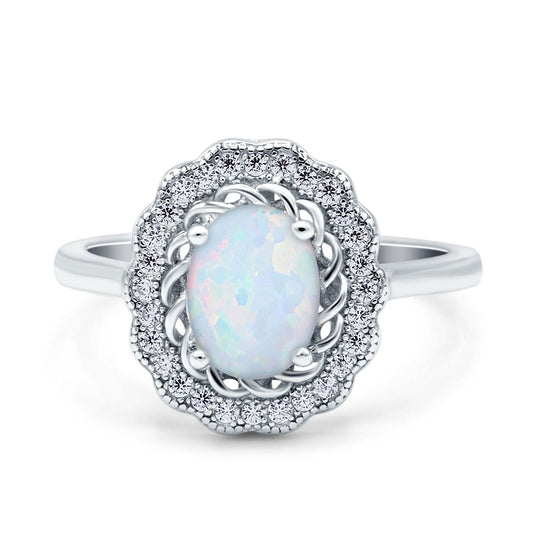 Art Deco Wedding Ring Oval Cut Solid Lab Created White Opal