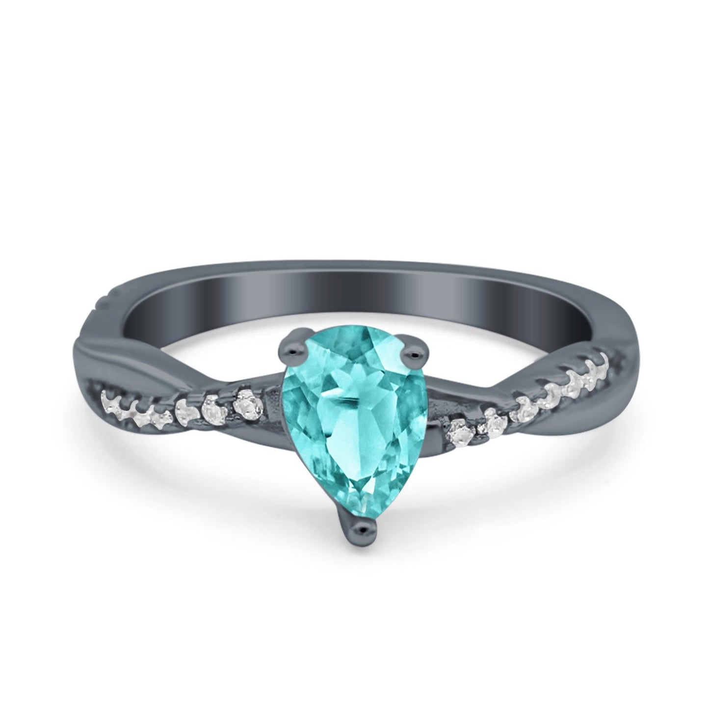 Pear Art Deco Twisted Black Tone, Simulated Paraiba Tourmaline CZ Ring