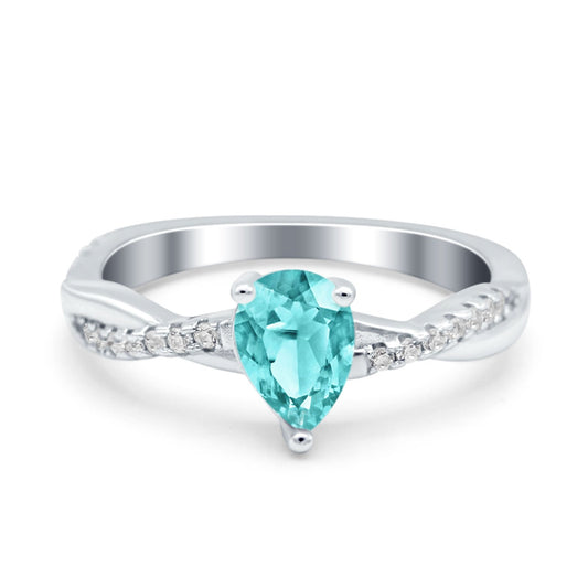 Pear Art Deco Twisted Simulated Paraiba Tourmaline CZ Wedding Ring