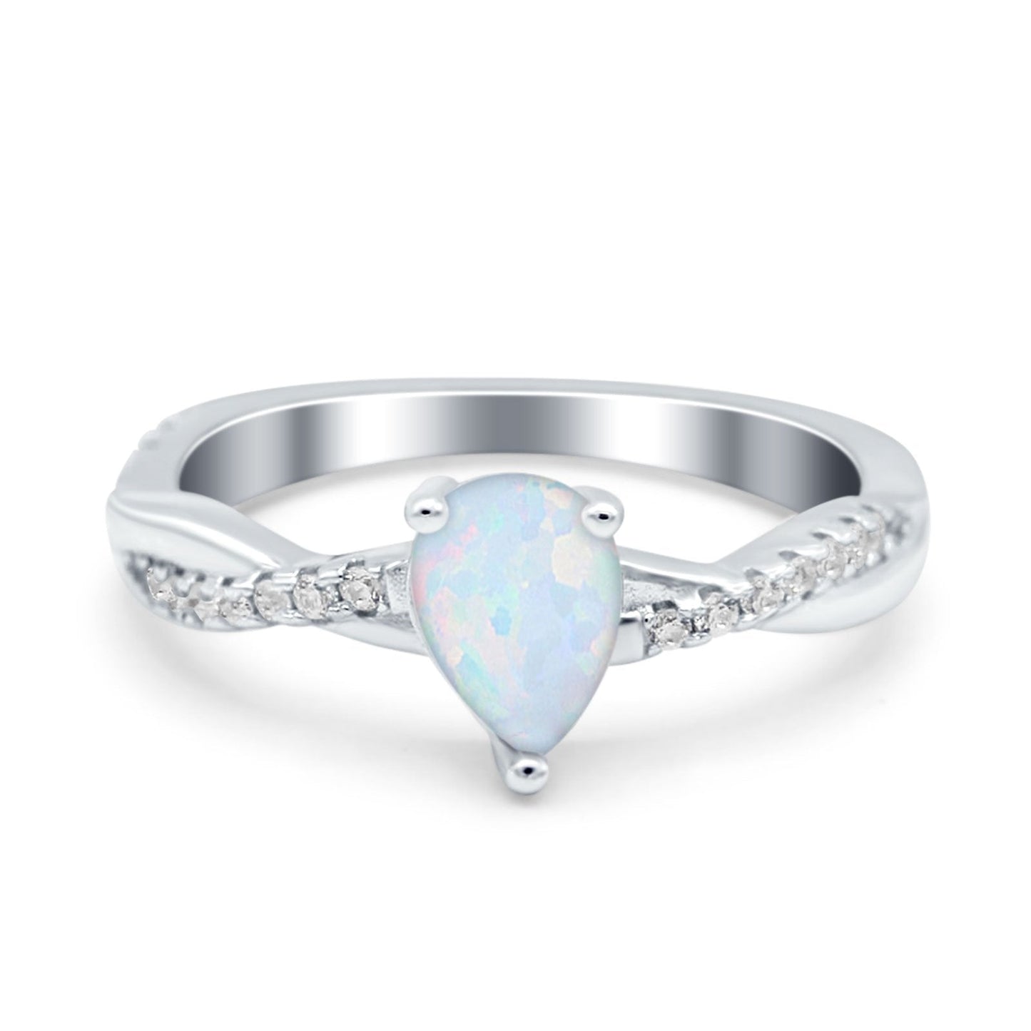 Pear Art Deco Twisted Lab Created White Opal Wedding Ring