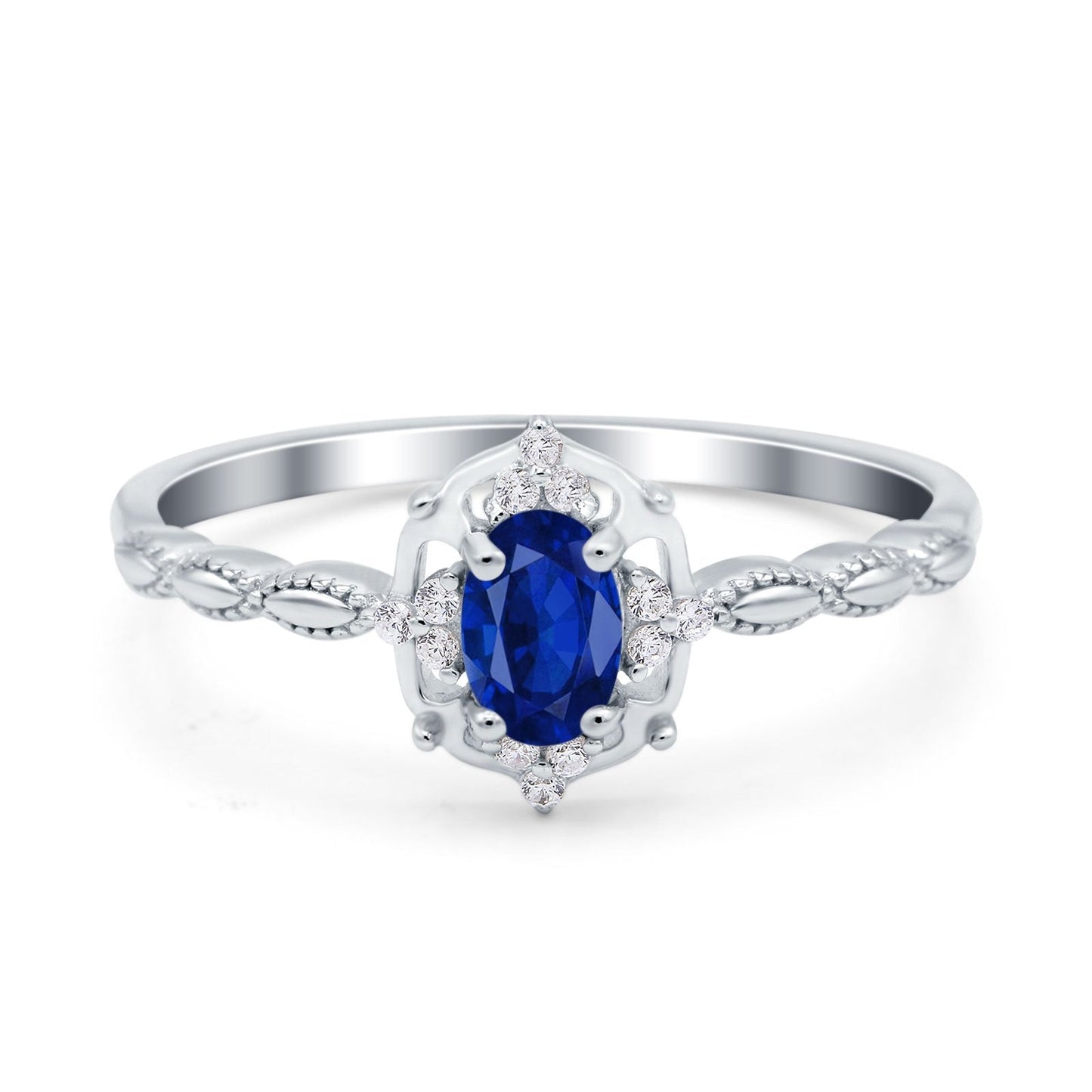 Oval Vintage Floral Engagement Ring Simulated Blue Sapphire CZ