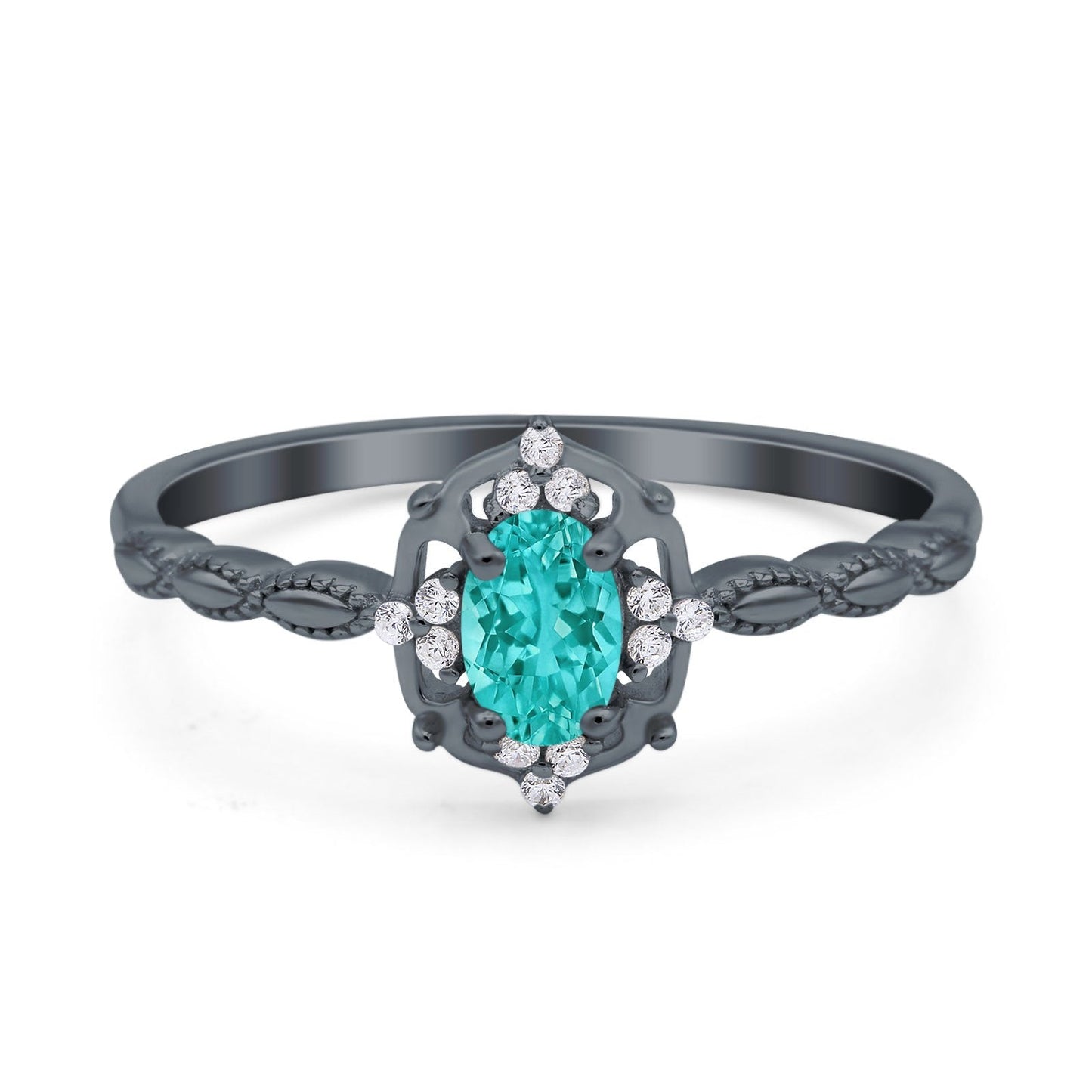 Oval Vintage Floral Engagement Ring Black Tone, Simulated Paraiba Tourmaline CZ