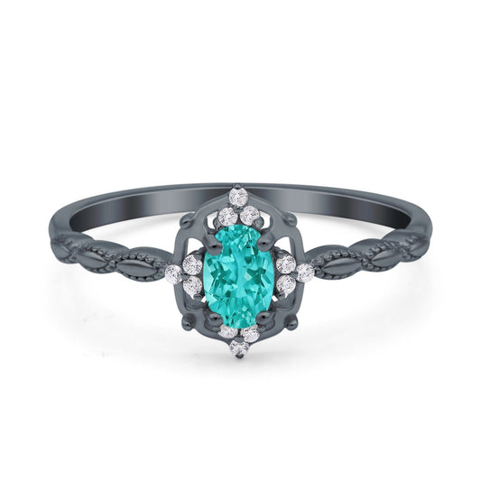 Oval Vintage Floral Engagement Ring Black Tone, Simulated Paraiba Tourmaline CZ