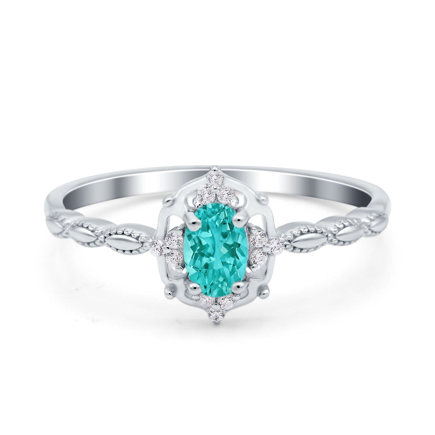 Oval Vintage Floral Engagement Ring Simulated Paraiba Tourmaline CZ