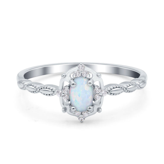 Oval Vintage Floral Engagement Ring Lab Created White Opal