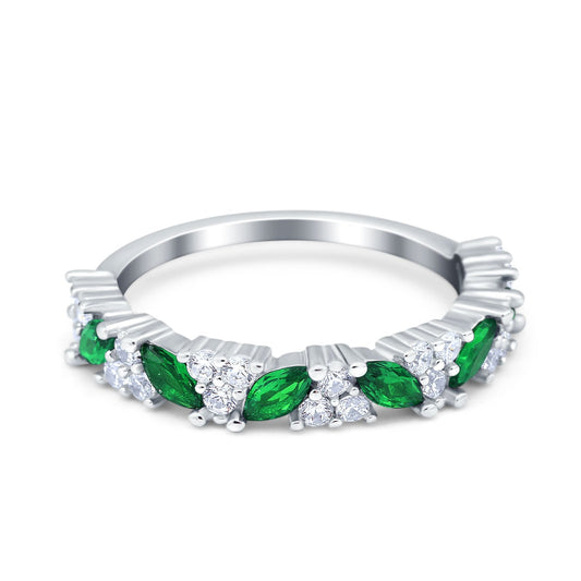 Art Deco Eternity Marquise Wedding Band Ring Simulated Green Emerald CZ