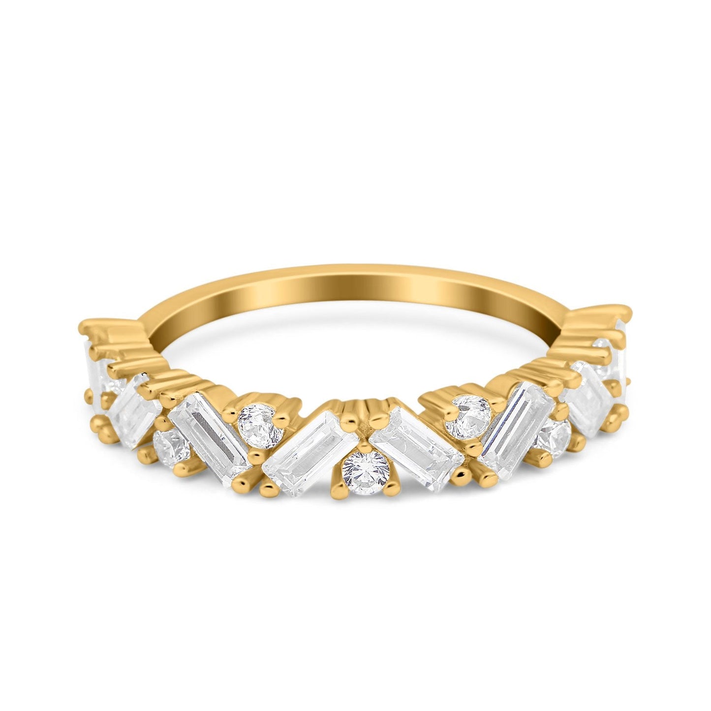 Art Deco Baguette Half Eternity Wedding Band Ring Yellow Tone, Cubic Zirconia