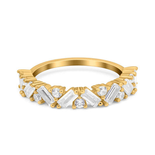 Art Deco Baguette Half Eternity Wedding Band Ring Yellow Tone, Cubic Zirconia