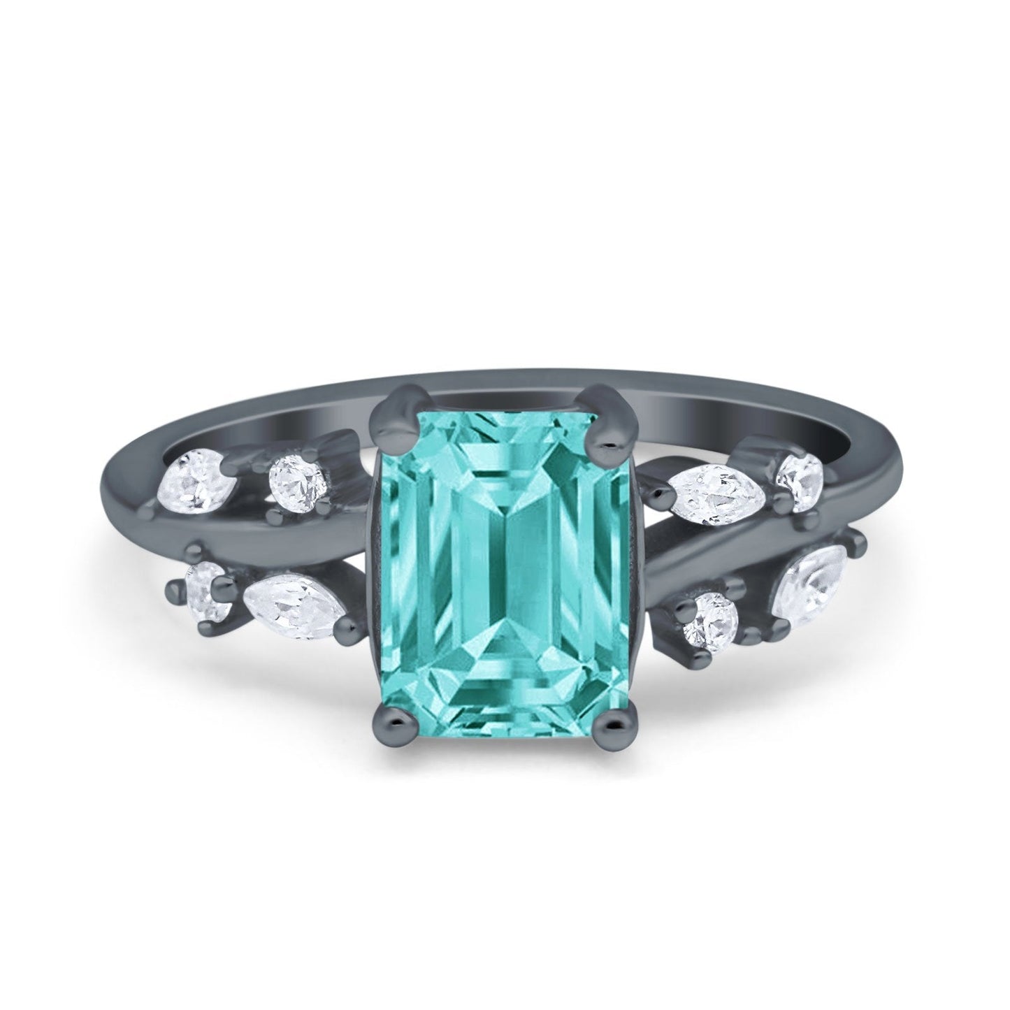 Emerald Cut Art Deco Engagement Wedding Bridal Ring Round Marquise Black Tone, Simulated Paraiba Tourmaline CZ