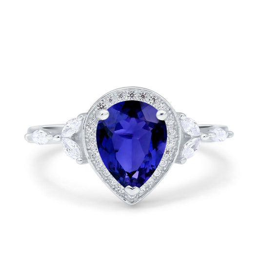 Teardrop Pear Art Deco Engagement Wedding Bridal Halo Ring Round Marquise Simulated Blue Sapphire CZ