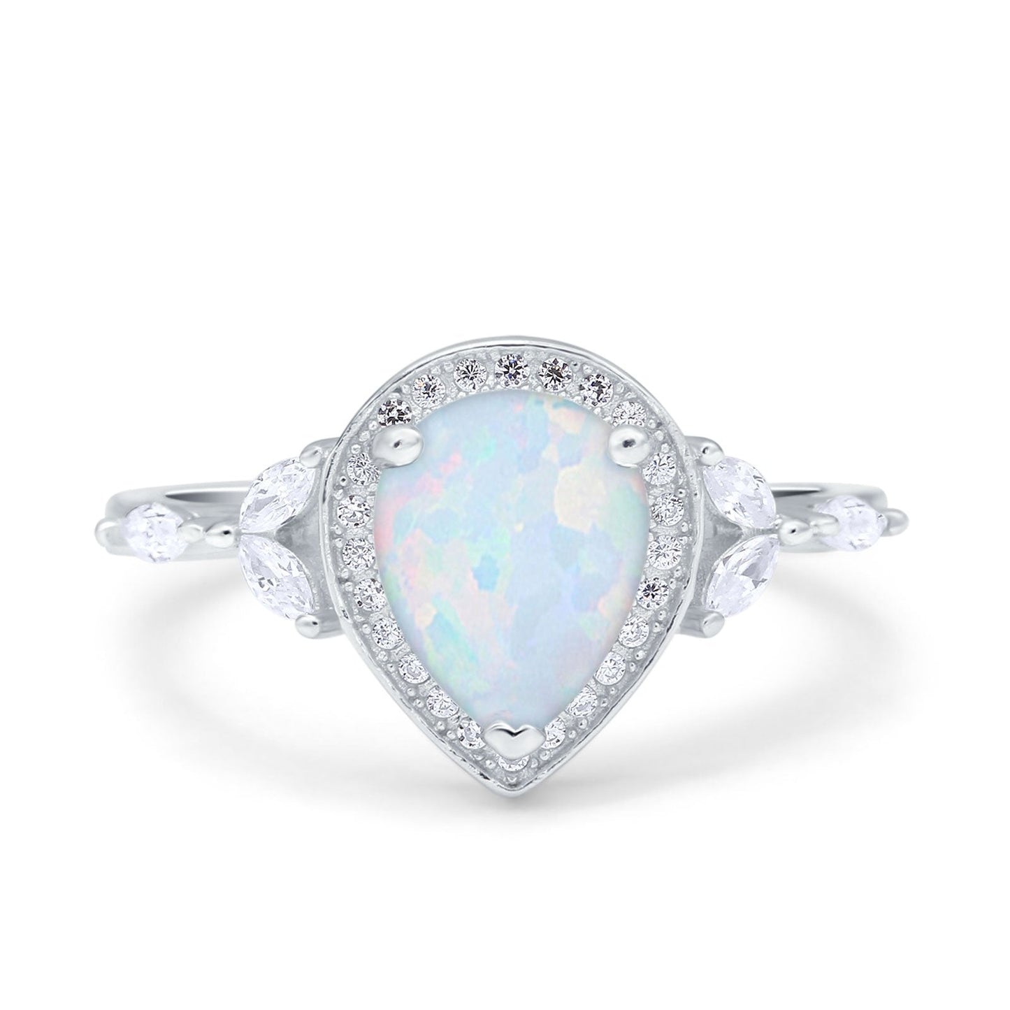 Teardrop Pear Art Deco Engagement Wedding Bridal Halo Ring Round Marquise Lab Created White Opal