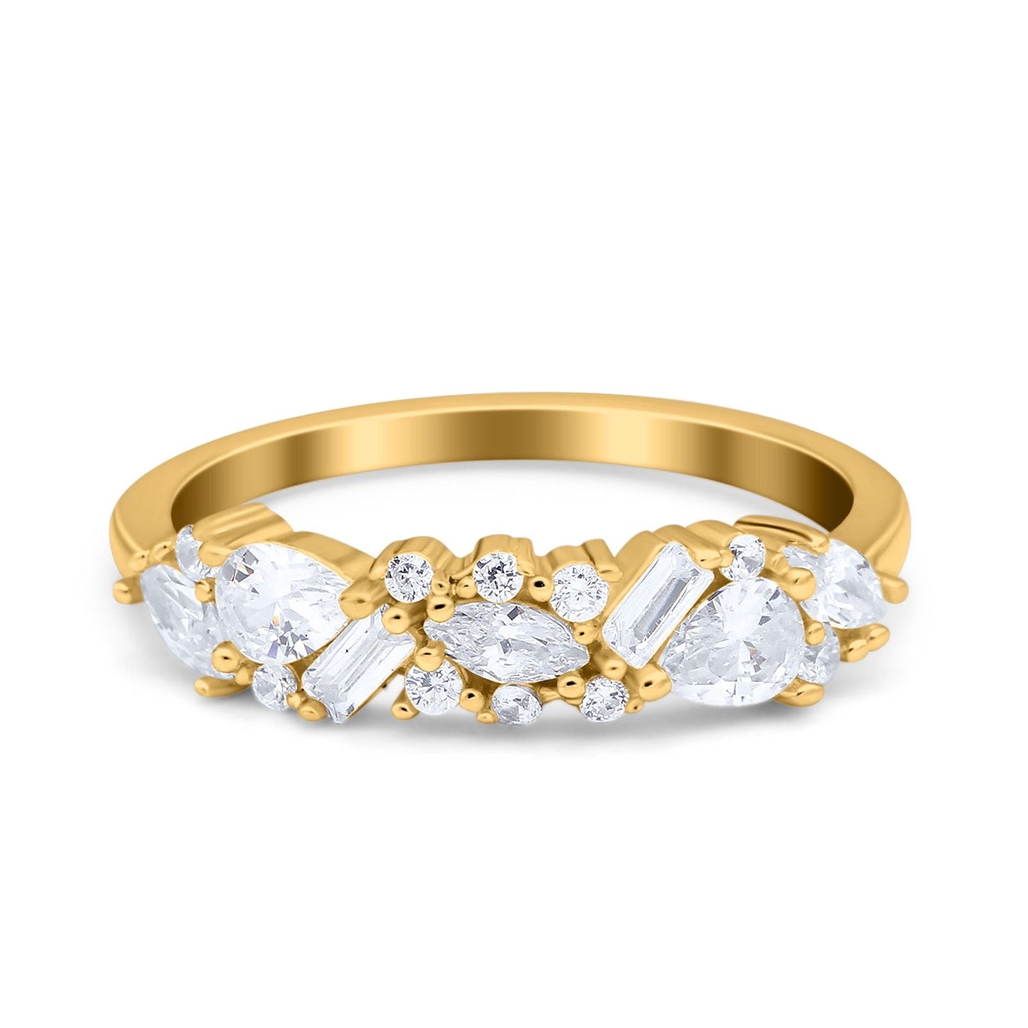 Half Eternity Marquise Baguette Wedding Band Ring Yellow Tone, Simulated Cubic Zirconia