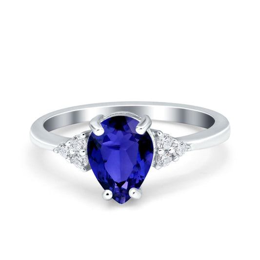 Teardrop Pear Art Deco Engagement Wedding Bridal Ring Round Simulated Blue Sapphire CZ