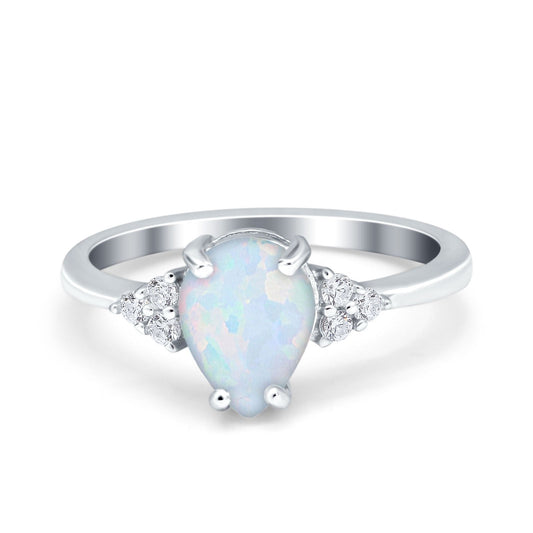 Teardrop Pear Art Deco Engagement Wedding Bridal Ring Round Lab Created White Opal