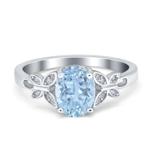 Butterfly Accent Oval Wedding Bridal Ring Simulated Aquamarine CZ