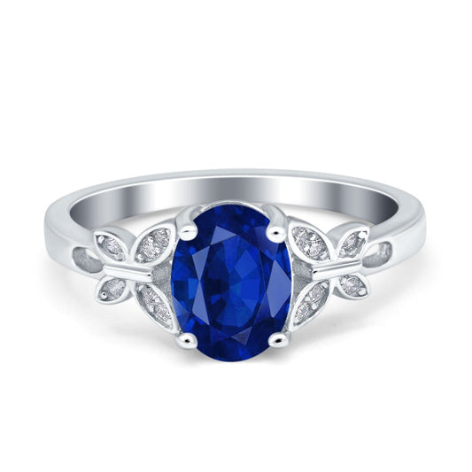 Butterfly Accent Oval Art Deco Engagement Wedding Bridal Ring Round Simulated Blue Sapphire CZ