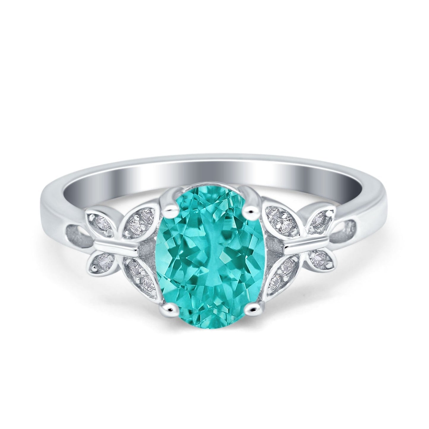 Butterfly Accent Oval Art Deco Engagement Wedding Bridal Ring Round Simulated Paraiba Tourmaline CZ