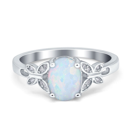 Butterfly Accent Oval Art Deco Engagement Wedding Bridal Ring Round Lab Created White Opal