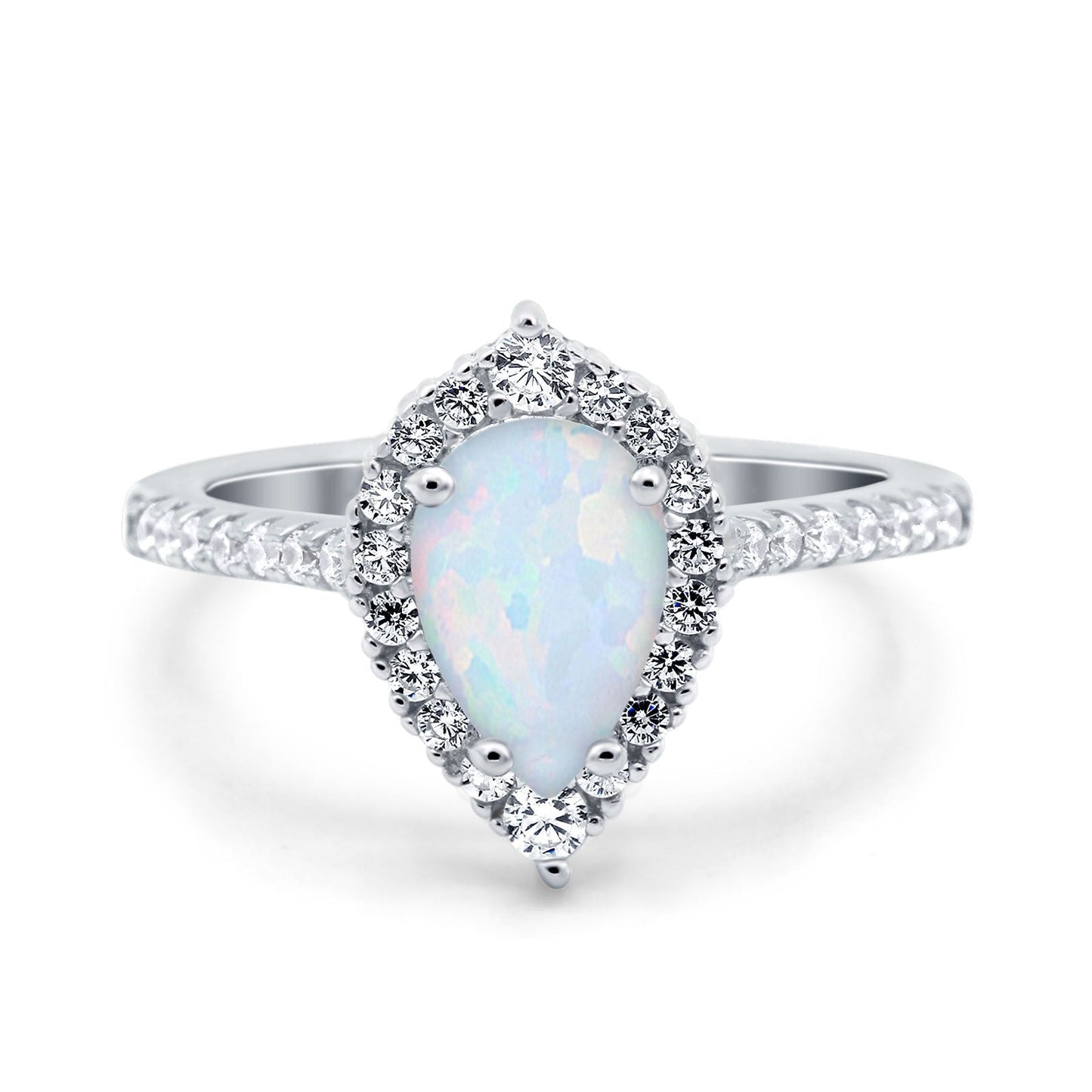 Teardrop Pear Art Deco Wedding Ring Lab Created White Opal