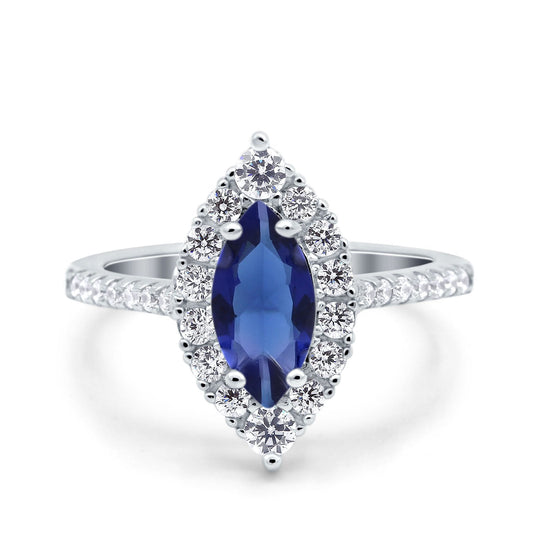 Halo Marquise Art Deco Wedding Ring Simulated Blue Sapphire CZ