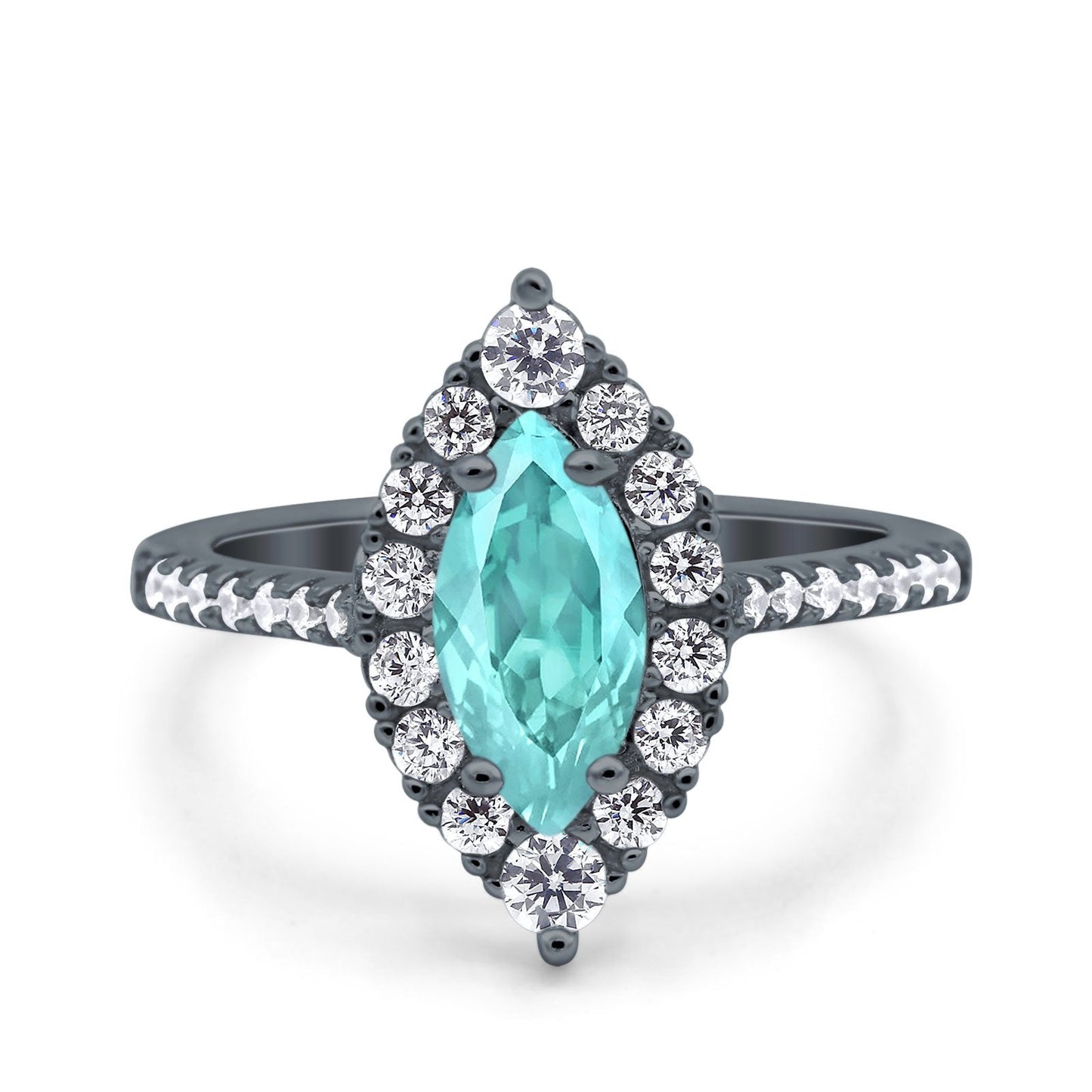 Halo Marquise Art Deco Black Tone, Simulated Paraiba Tourmaline CZ Wedding Ring