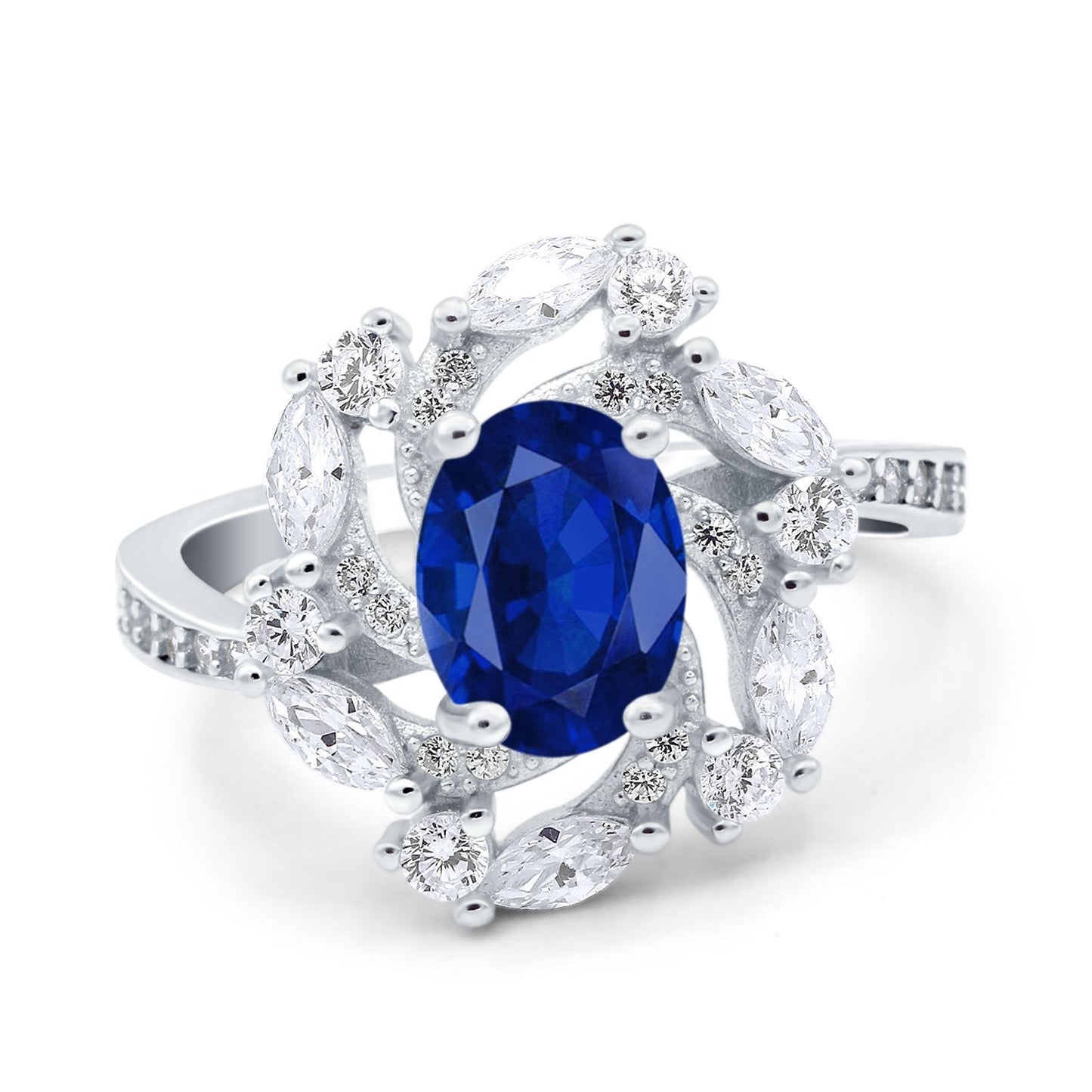 Oval Vintage Art Deco Engagement Ring Simulated Blue Sapphire CZ