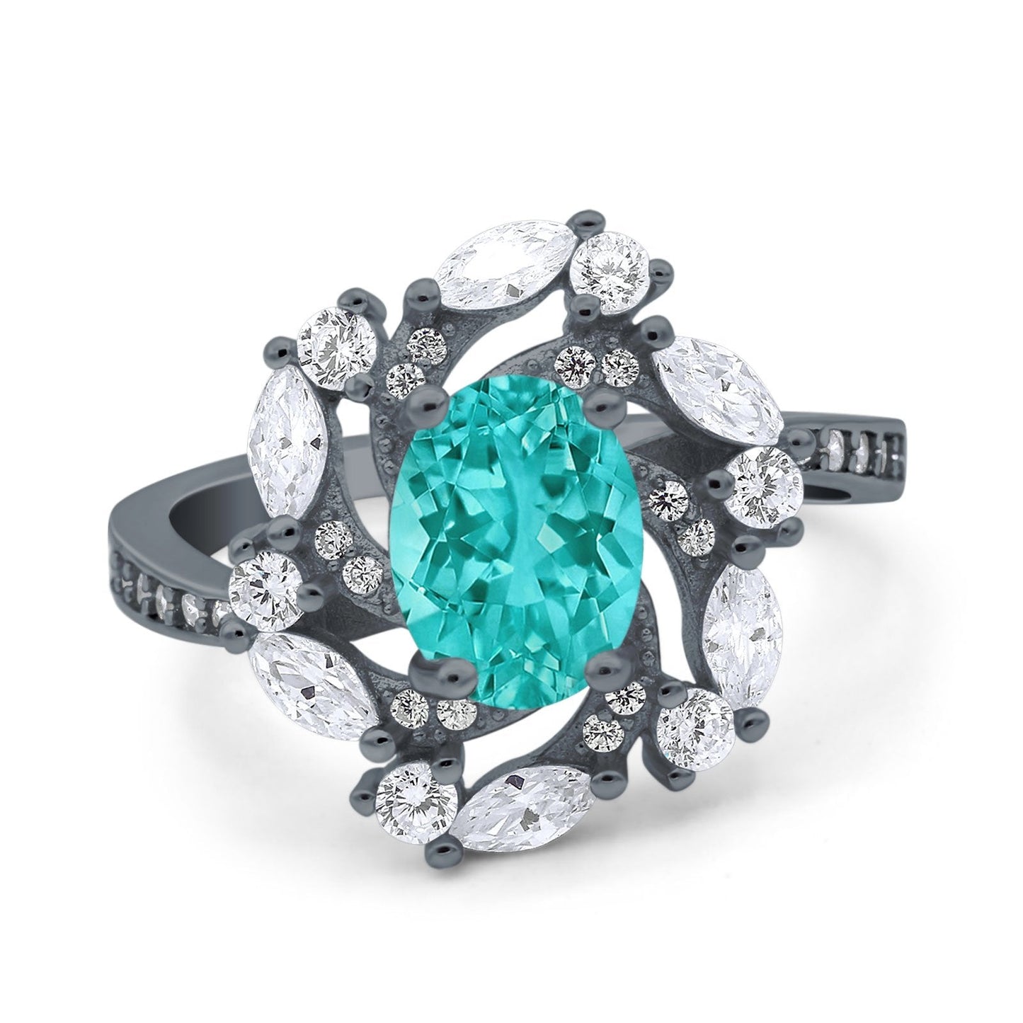 Oval Vintage Art Deco Engagement Ring Black Tone, Simulated Paraiba Tourmaline CZ