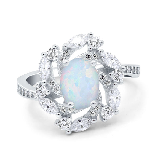 Oval Vintage Art Deco Engagement Ring Lab Created White Opal